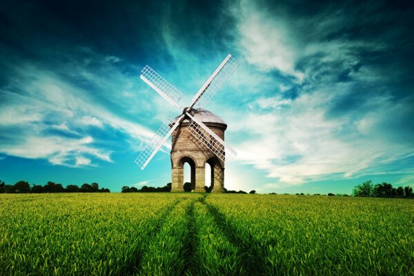 Molino de viento en un campo verde