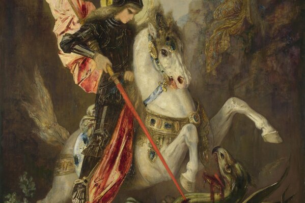 Saint George kills a dragon with a spear