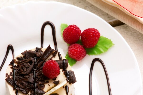 Dessert di lamponi, cioccolato e menta