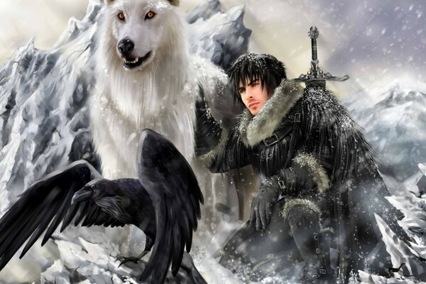 Kunst über Game of Thrones mit John Snow, einem Wolf und einer Krähe