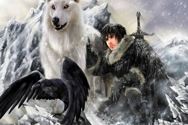 Art sur Game of Thrones avec Jon Snow, le loup et le corbeau