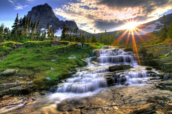 Mountain river in the light of sunset