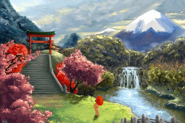 Arte geisha con ombrello sullo sfondo di cascata e Sakura
