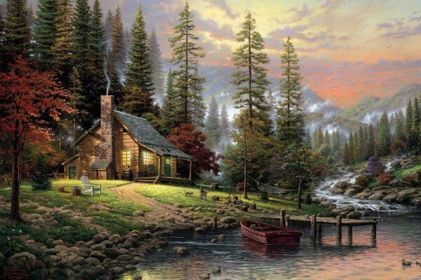 Spokojny obraz dom nad jeziorem
