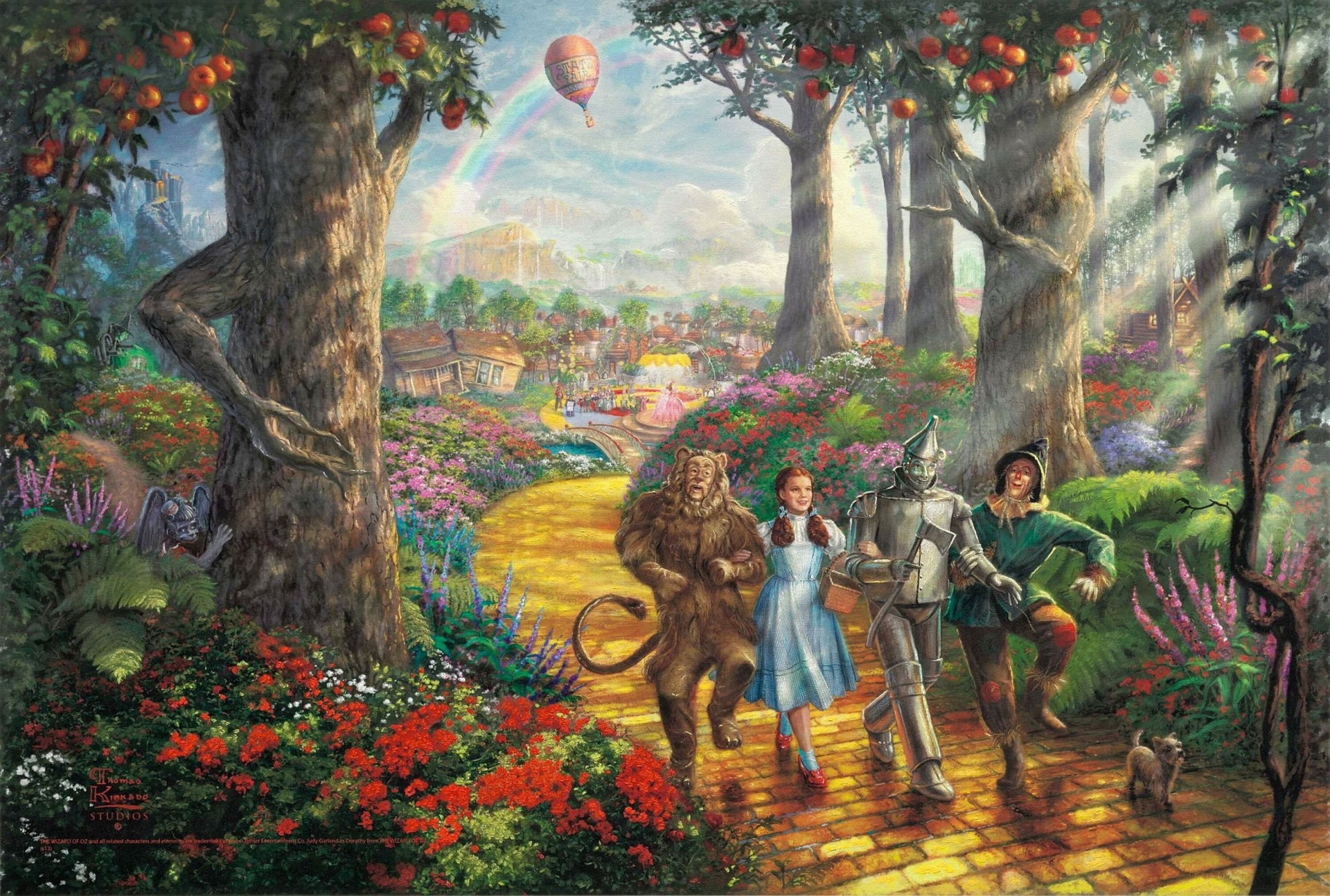 perro camino bosque diseño película macizos de flores ladrillo amarillo globo toto espantapájaros leñador de hierro león cobarde animación jeroglíficos pintura dorothy árboles bruja malvada dibujos animados thomas kincaid frutas película fantasía disney walt dee