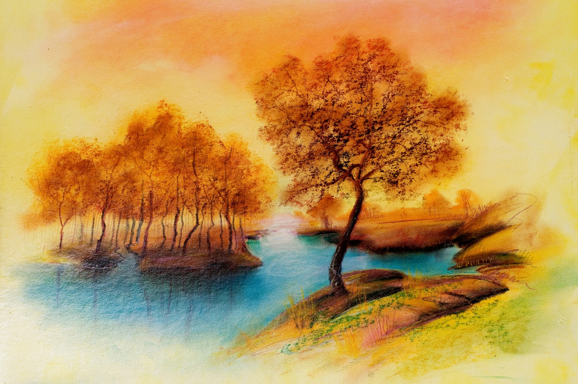 paysage rivière arbres dessin automne silence