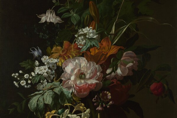 A painting with flowers in a vase. Dark image