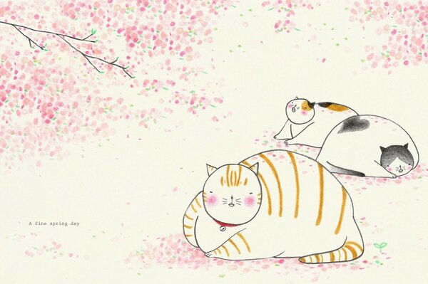 Fat cats under flowering trees