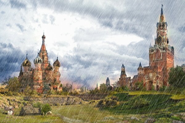 Regenschauer über dem Kreml im Feld der 3D-Grafik