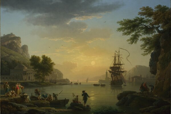 A picture of a landscape at sunset with a ship