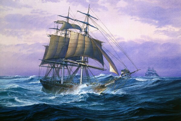 Disegno di una nave con vele nell oceano su un onda in una tempesta
