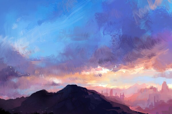 Bellissimo paesaggio disegnato della montagna e del cielo