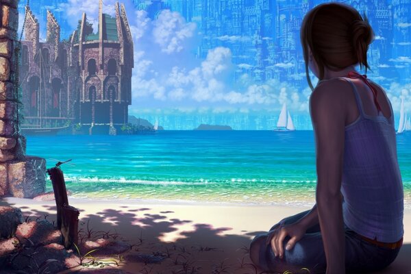 Девушка на пляже смотрит на замок