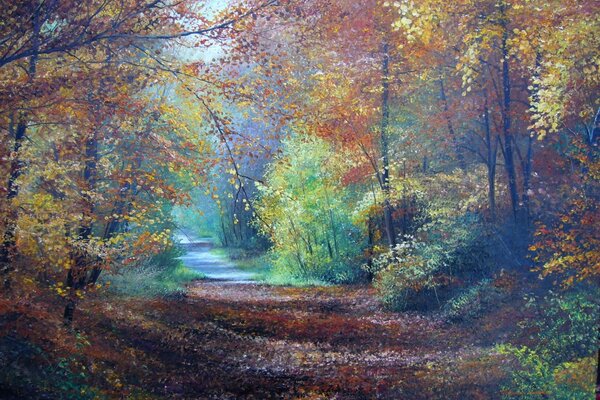 Camino forestal. Bosque de otoño. Pintura al óleo de la lona