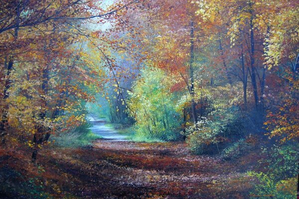 Route forestière. Forêt d automne. Huile sur toile