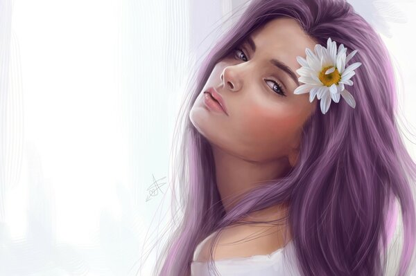 Schönes Mädchen mit lila Haaren und Kamille