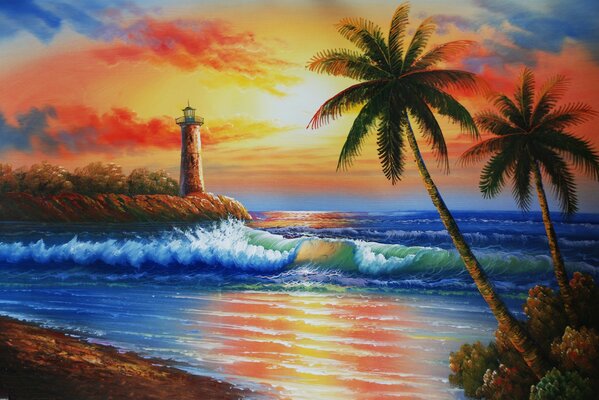 Wyspa z palmami i morskim zachodem słońca na tle nieba, zachodu Słońca i latarni morskiej
