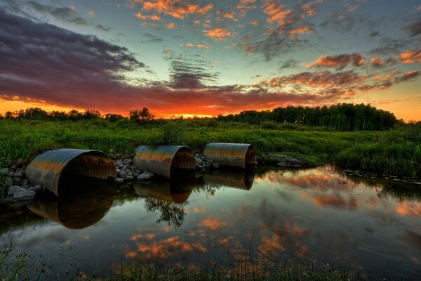 Der Sonnenuntergang spiegelt sich im Waldmoor wider