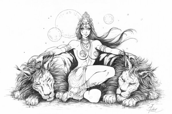 Pencil drawing by Dejah Thoris in the company of lions