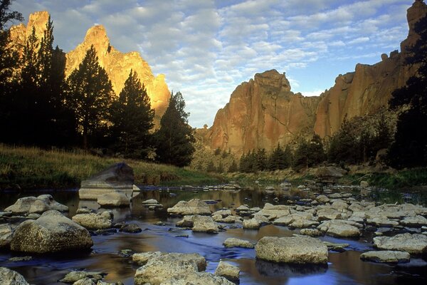 Lake with rocks, rock with trees