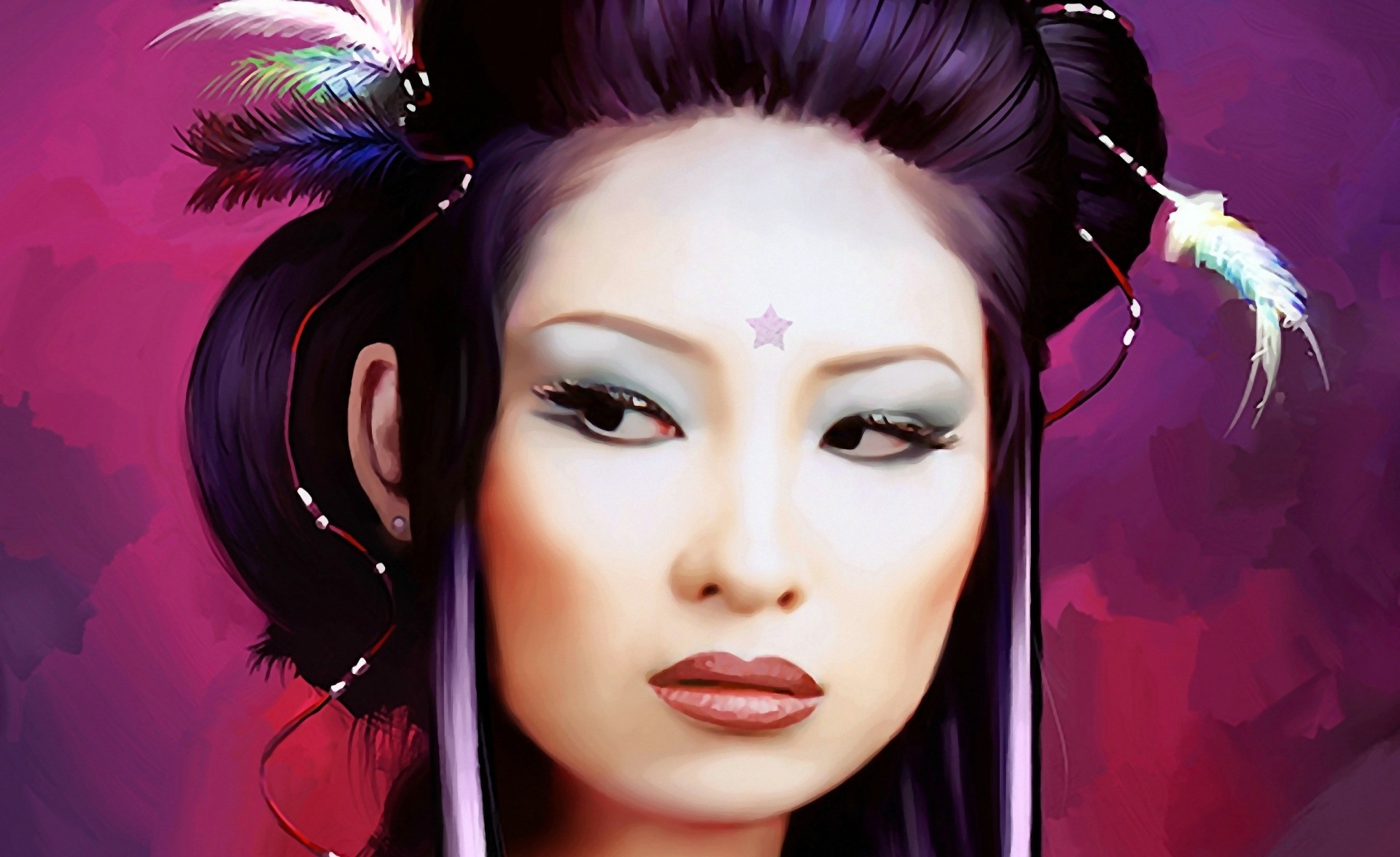 trucco viso ragazza occhi geisha tokyo donna stella piume asiatica