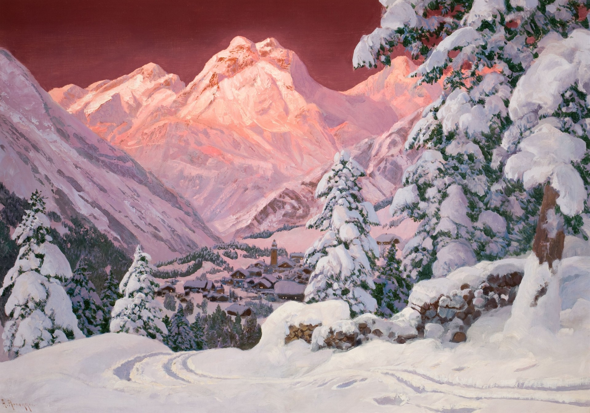 weihnachtsbaum zuhause sonnenuntergang alpen schnee berge rosa