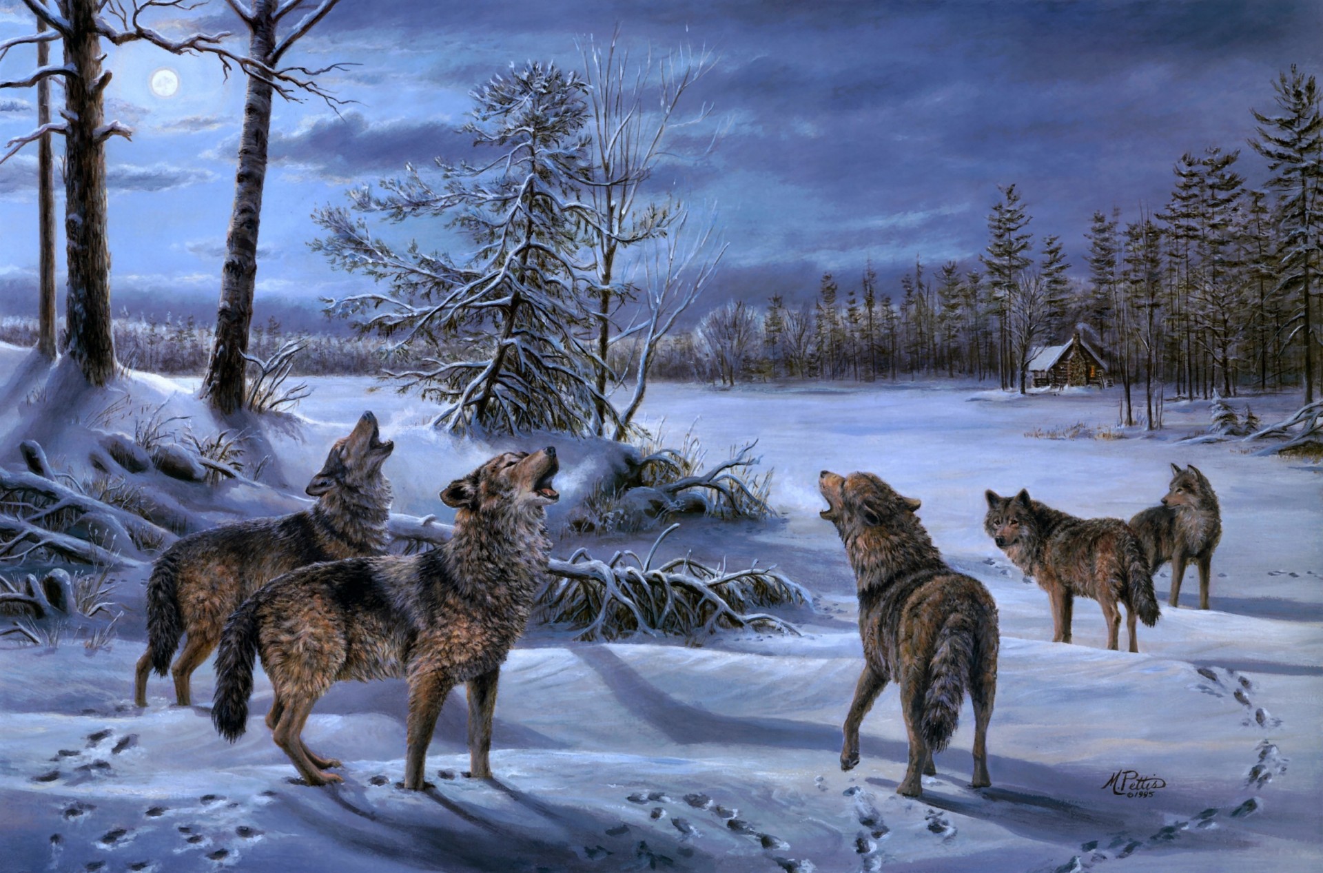 night wolves pattern hut article wolf forest moon chalet winter