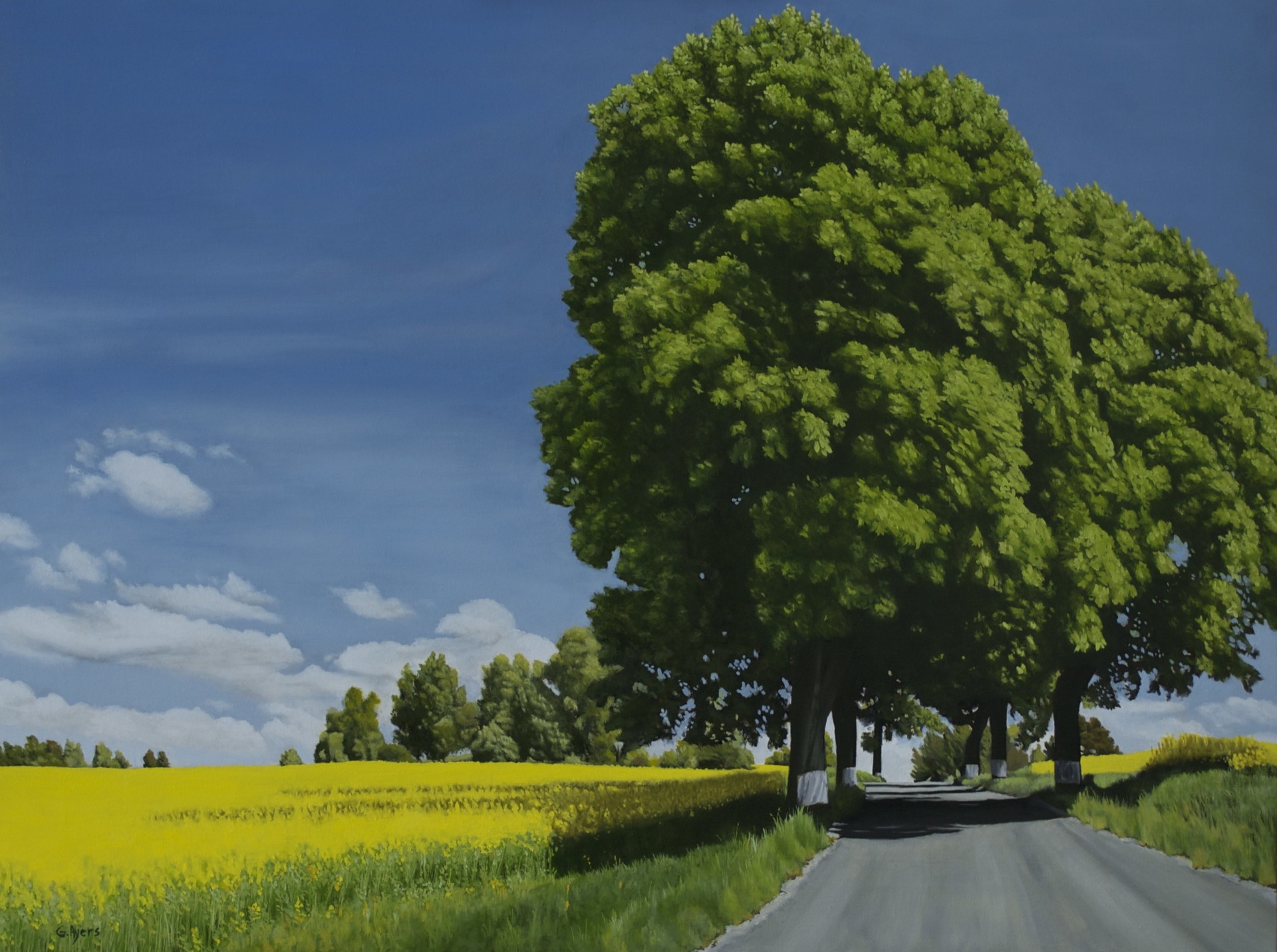 paesaggio verde pittura natura alberi erba estate cielo strada nuvole