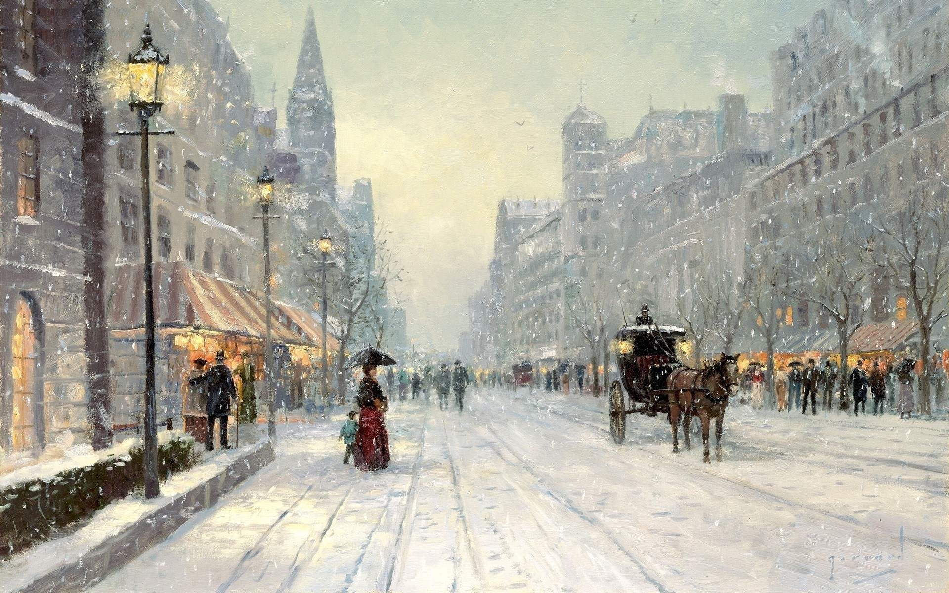 pittura costruzione città thomas kincaid neve inverno persone