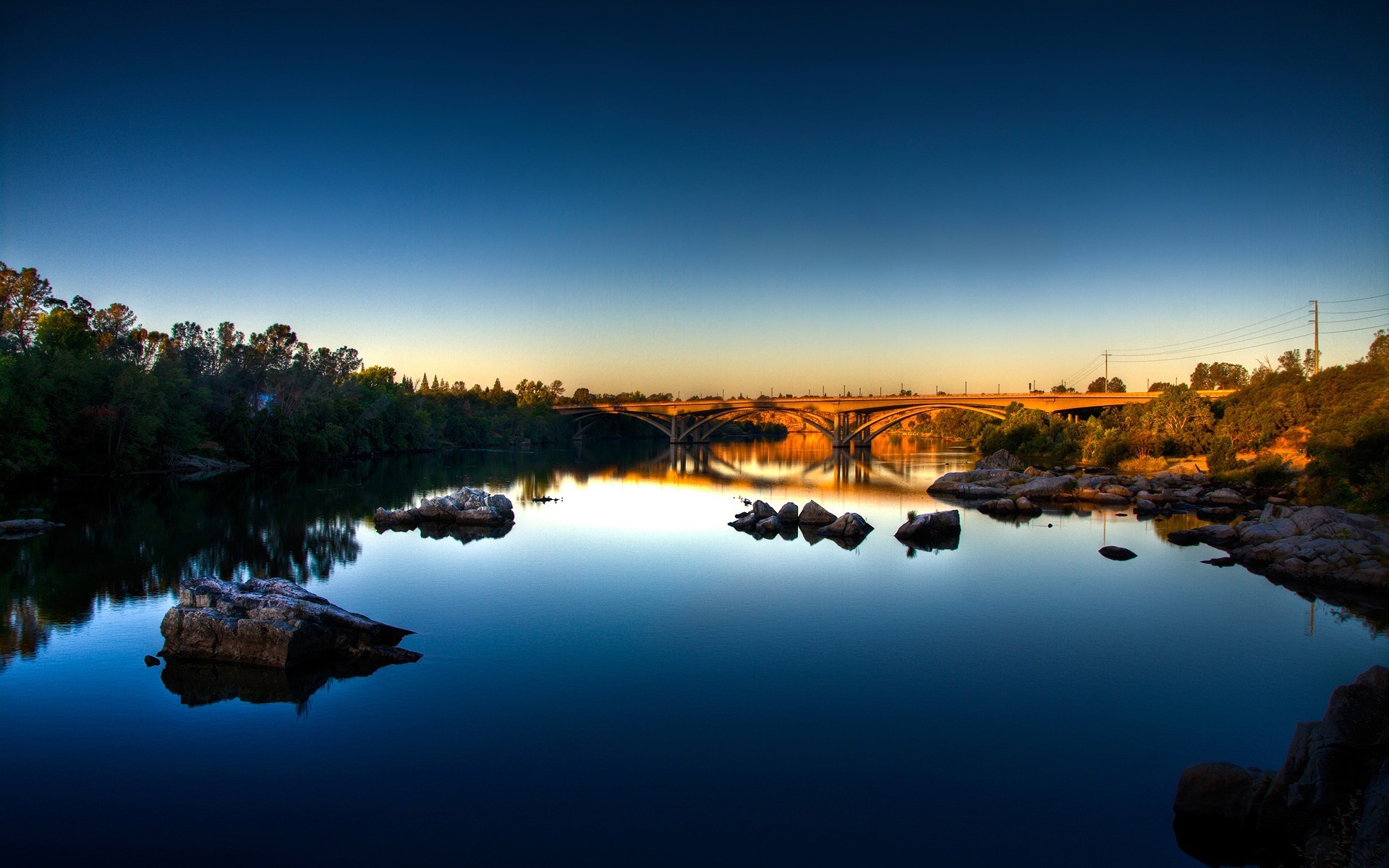 blue bridge california reflection stones sky morning river