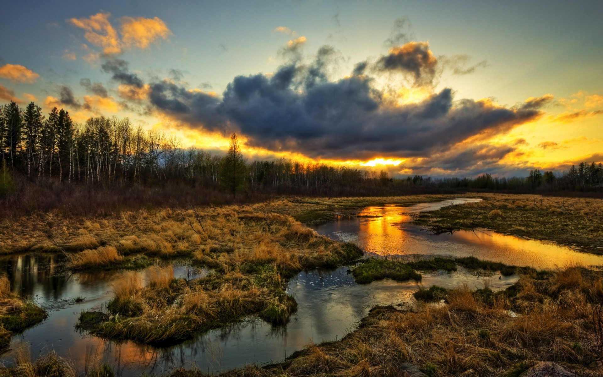 clouds sunset grass water creek