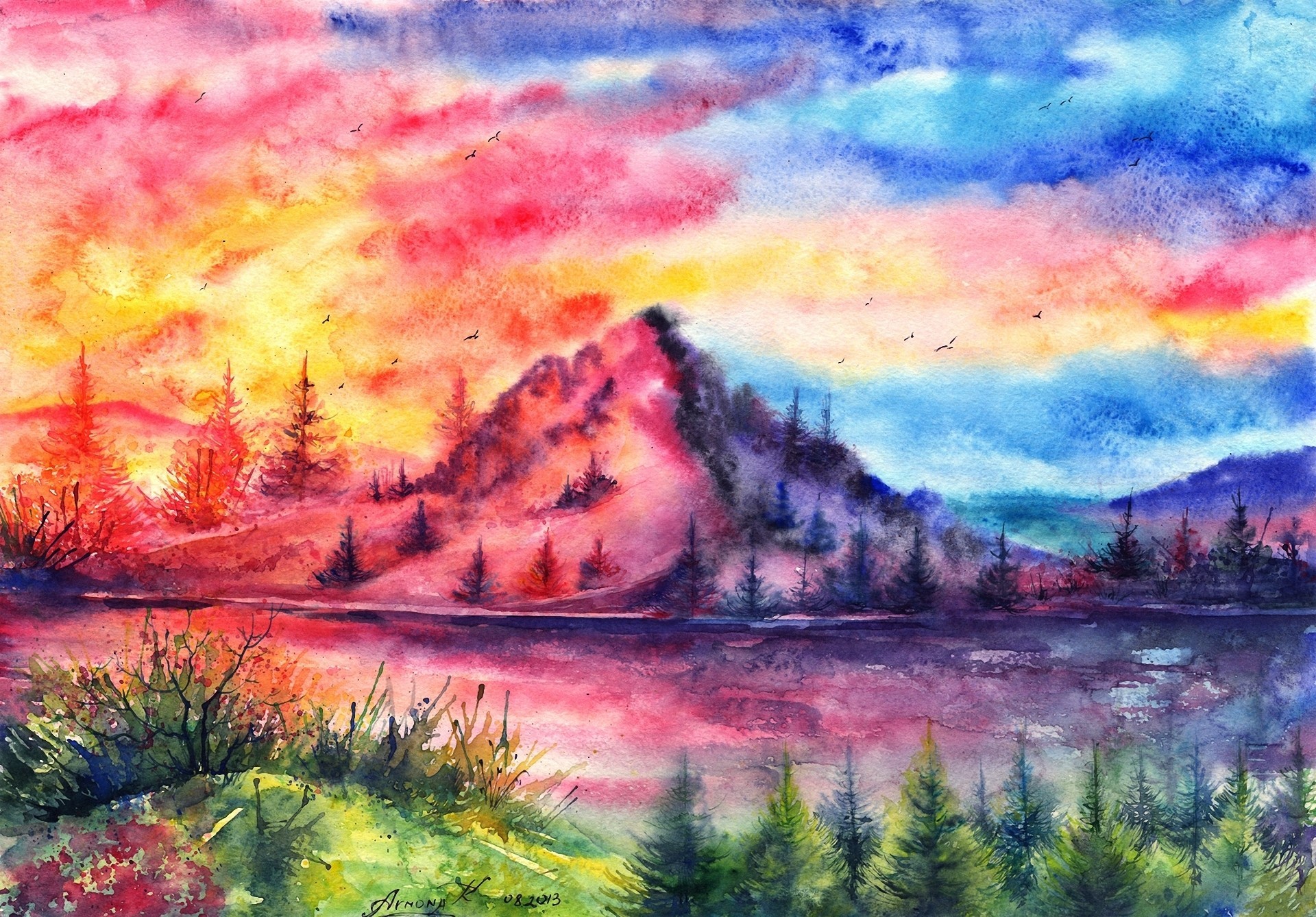 palm sunset river mountain watercolor birds painted landscape