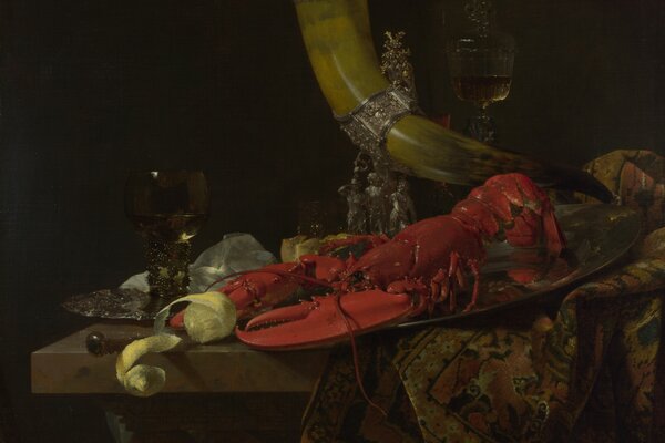 Still life with wine and boiled lobster