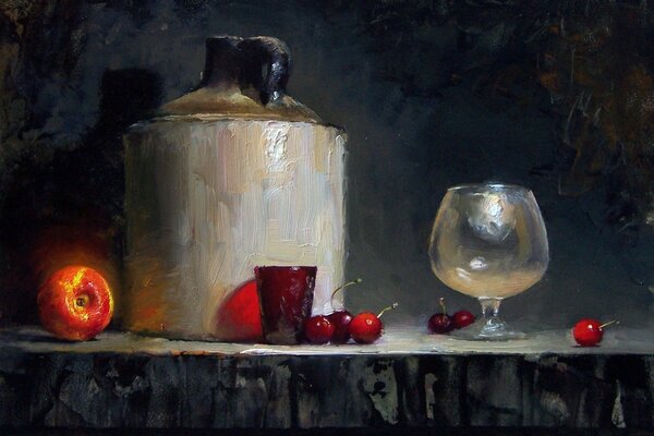 Pintura con fruta pintada y Copa de vino