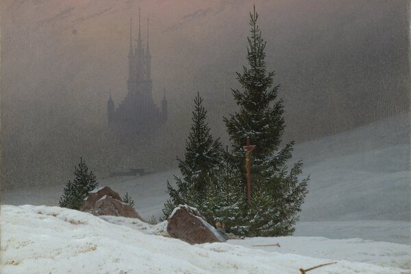 Paesaggio nella foresta di abete rosso invernale