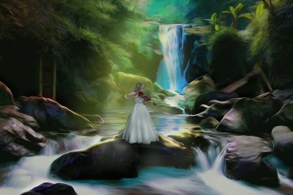 A girl with a violin at a waterfall