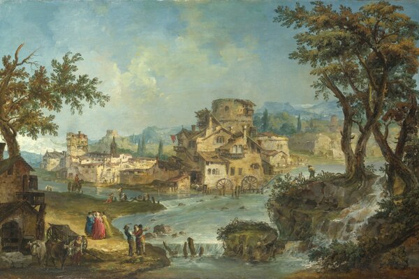 Michele marieschi, persone e case vicino al fiume con una soglia