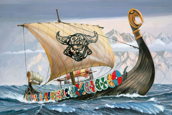 Vikings sailors on a drakkar in the sea