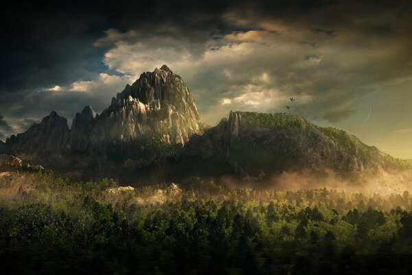 Fog descends on the forest at the foot of the mountains