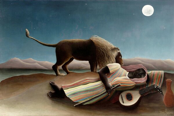 A painting in the style of primitivism about a man and a lion