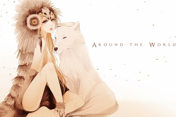 The girl is sitting next to the white wolf