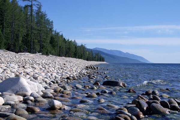 Piedras en el mar, bosque junto al mar, montañas en la distancia