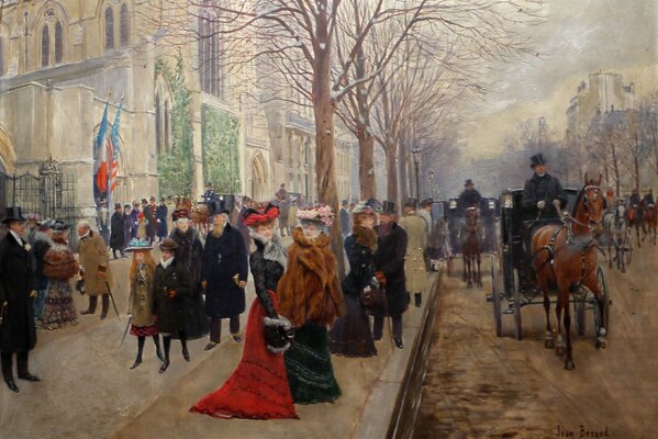 Illustration of a Paris street with ladies and carriages