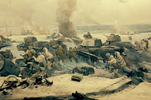 Image of the hero city Volgograd with tanks