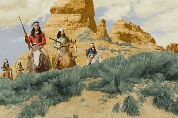 Drawing armed Indians on horseback