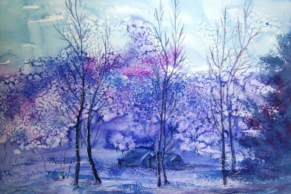 Landschaft des Winterdorfes mit Aquarell