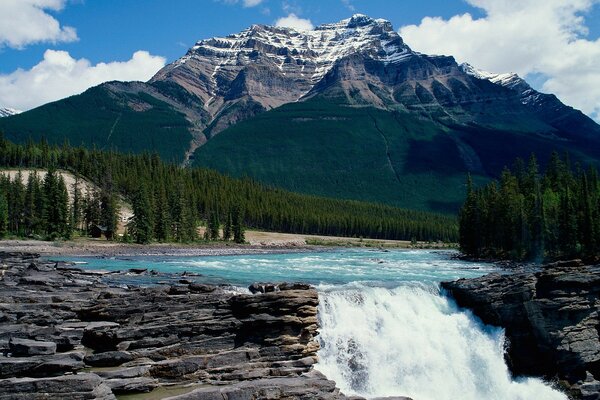 Mountains in the sky, mountain waterfall, waterfall near the forest