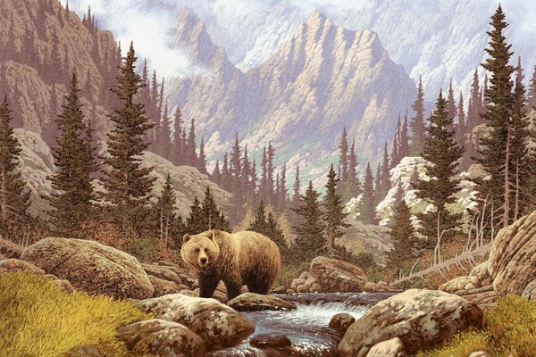 Painting of a bear on the background of mountains and a river