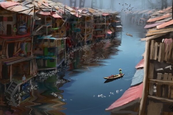 Плавающая лодка в реке на фоне красочных домиков