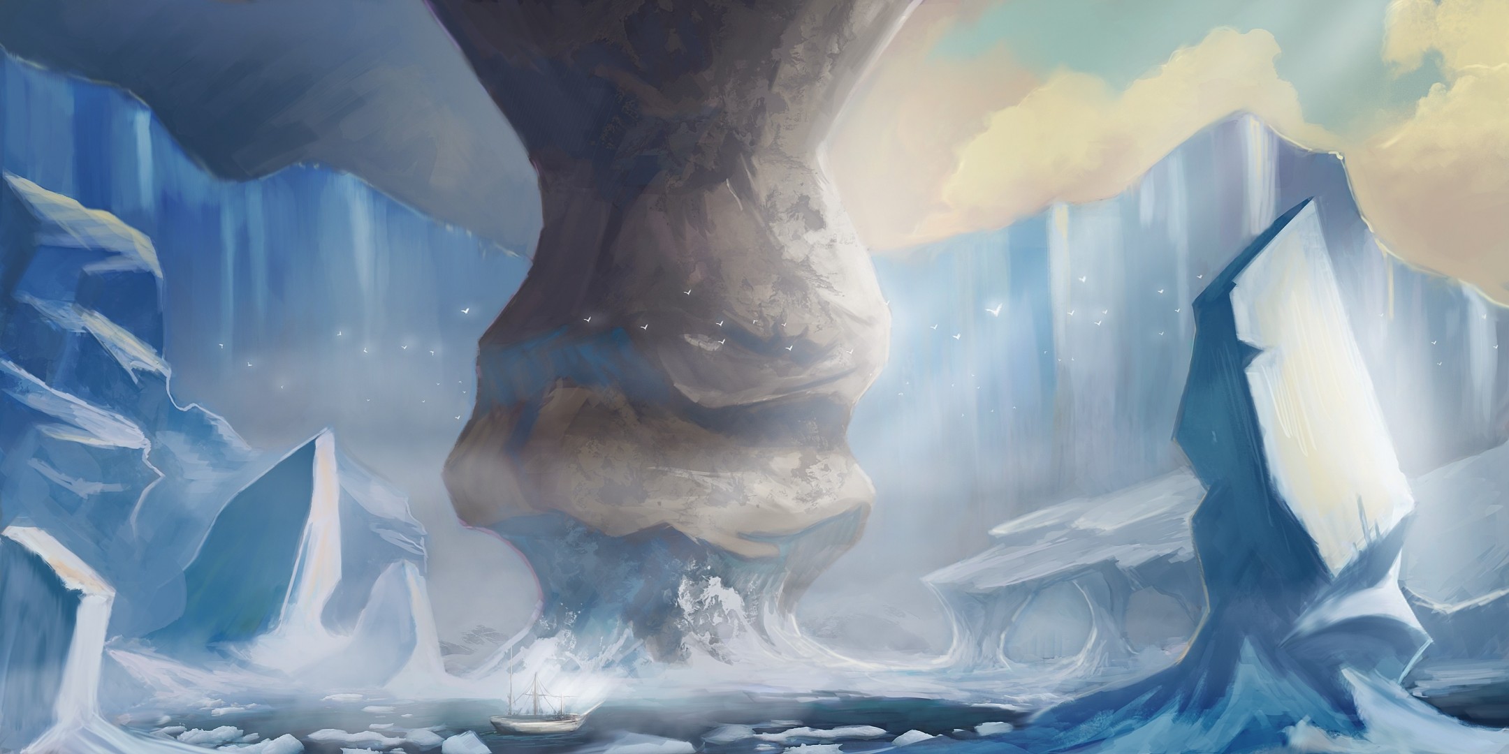 art landscape ship uncharted water glacier